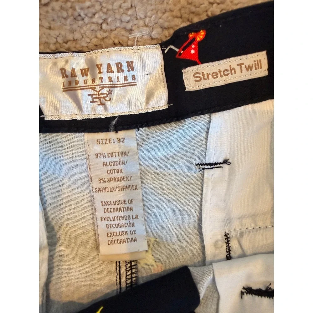 Raw Yarn Industries Black Cocktail Martini Embroidered Stretch Twill Shorts 32